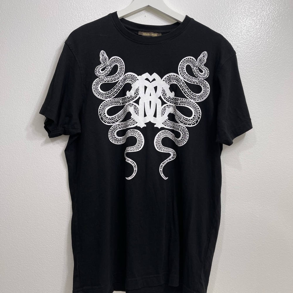 Roberto Cavalli black oversize shirt with snake print